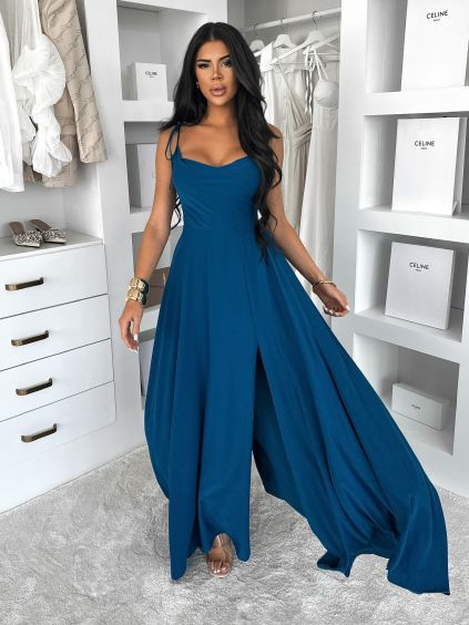 Petrolejové dlouhé společenské šaty LERDISEL (Veľkosť M/L)