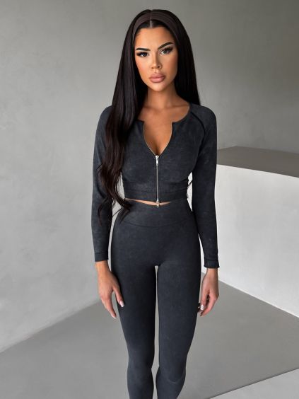 Šedá washed sportovní crop top mikina BRAVOS (Veľkosť L)