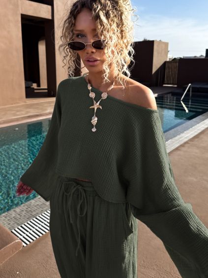 Khaki mušelínový crop top VHAGAR s dlouhým rukávem (Veľkosť ONESIZE)