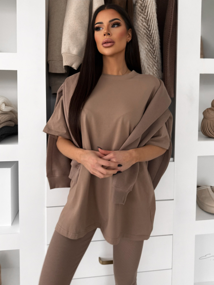 Hnedé bavlnené basic tričko LOVETE s krátkym rukávom