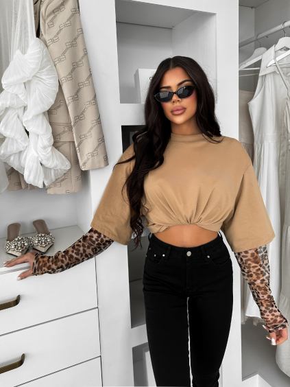 Hnědé tričko VIREYALA s leopardími rukávy (Veľkosť ONESIZE)