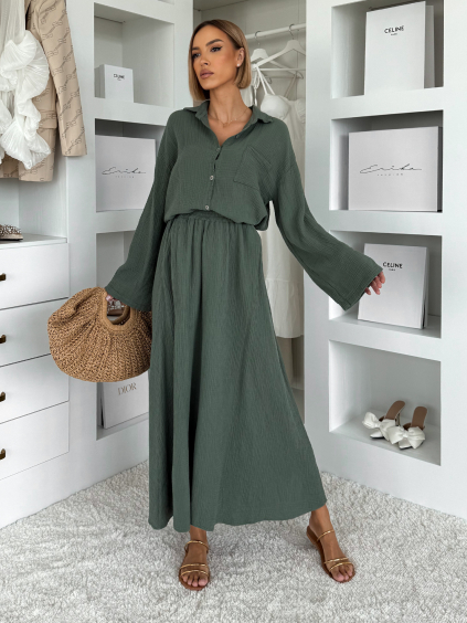 Khaki mušelínový košilový komplet BELIANE se sukní (Veľkosť ONESIZE)