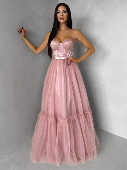 Starorůžové plesové společenské tylové šaty DELARIL s mašlí (Veľkosť L)