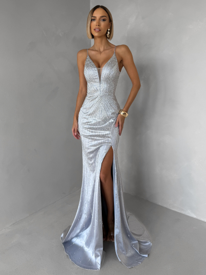 Stříbrné plesové třpytivé šaty RAVELLE s rozparkem (Veľkosť L)