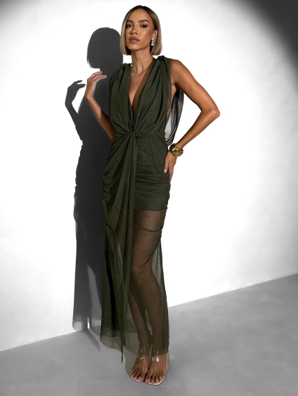 Khaki tylové dlouhé šaty FALDARY (Veľkosť ONESIZE)