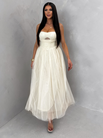 Krémové společenské tylové midi šaty SOLAVIE (Veľkosť L)