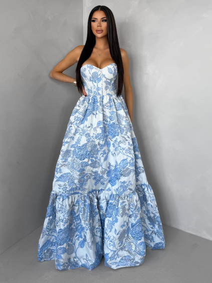 Modré společenské dlouhé šaty VENOLIA s květinovým vzorem (Veľkosť L)