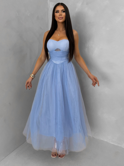 Modré spoločenské tylové midi šaty SOLAVIE