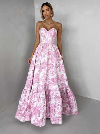 Ružové spoločenské dlhé šaty VENOLIA s kvetinovým vzorom