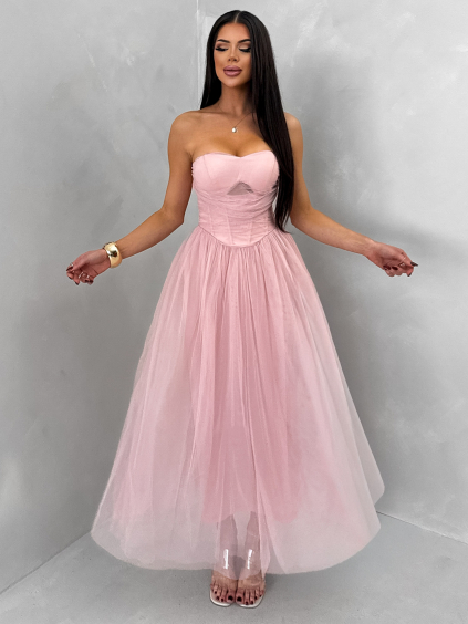 Starorůžové společenské tylové midi šaty SOLAVIE (Veľkosť L)