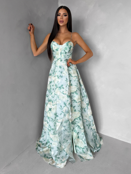 Světle zelené společenské korzetové šaty SEVARON s rozparkem (Veľkosť L)