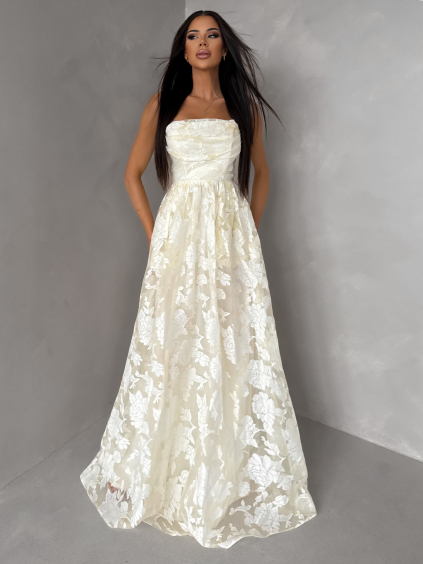 Vanilkové plesové dlouhé šaty MIRELLE s květinovým vzorem (Veľkosť L)