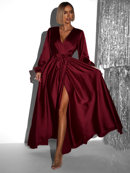 Vínové elegantní šaty WOMAN s dlouhým rukávem (Veľkosť ONESIZE)