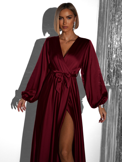Vínové elegantní šaty WOMAN s dlouhým rukávem (Veľkosť ONESIZE)