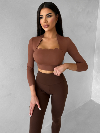 Hnědý sportovní crop top WALATA s dlouhým rukávem (Veľkosť L)