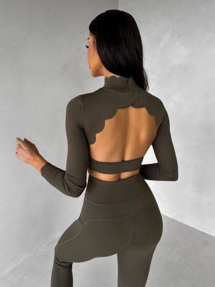 Khaki sportovní crop top SIMAROA s holými zády (Veľkosť L)