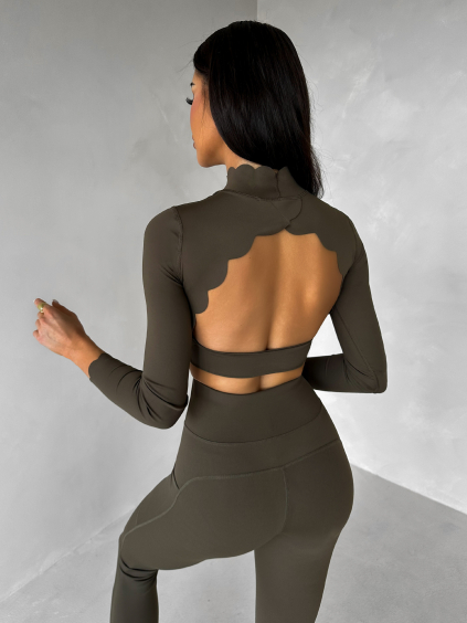 Khaki sportovní crop top SIMAROA s holými zády (Veľkosť L)