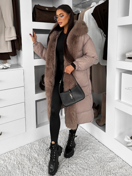 Béžová dlouhá prošívaná zimní bunda TAREVO s kožíškem (Veľkosť M/L)