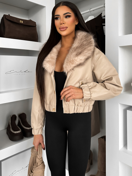 Béžová koženková bunda VERNALIS s kožešinkou (Veľkosť L)