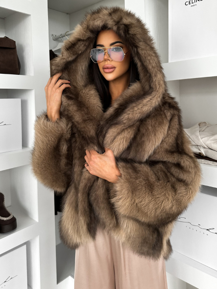 Hnědý faux fur krátký kožešinový kabátek ELUVION (Veľkosť M/L)
