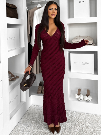 Vínové dlouhé šaty FAYMONT s dlouhým rukávem (Veľkosť M/L)