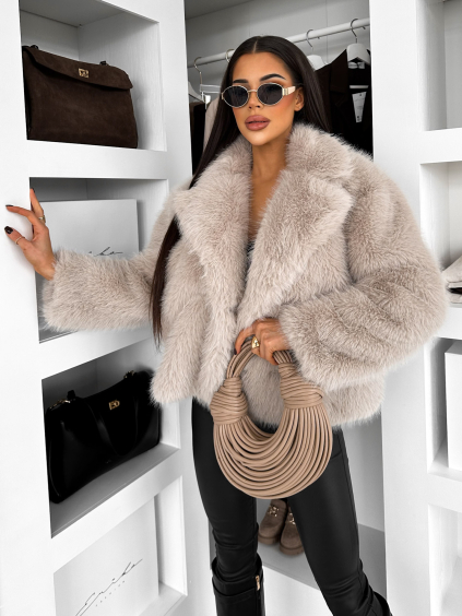 Béžový faux fur krátky kožušinový kabátik MORVEN