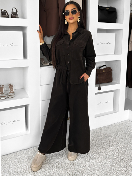 Tmavě hnědé manžestrové široké kalhoty VORELLE (Veľkosť ONESIZE)