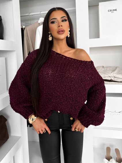Vínový pletený široký oversize svetr MYRALI (Veľkosť ONESIZE)