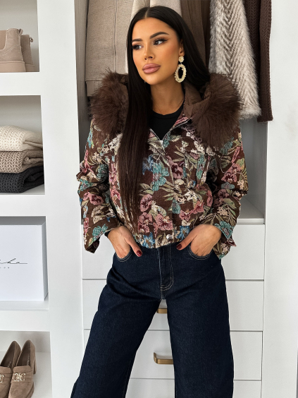 Hnedá elegantná bunda MORIVEN s veľkými kvetmi