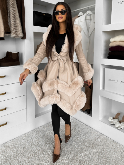 Krémový koženkový kabát SALMORO s kožušinkou