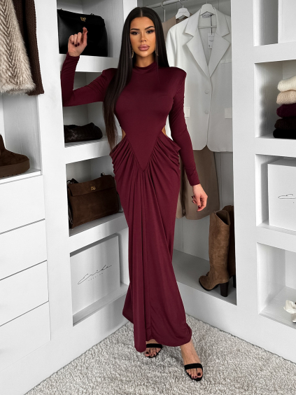 Vínové spoločenské dlhé šaty ESTAVION s prestrihmi