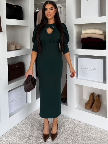 Smaragdové společenské midi šaty KYRAYA s rozparkem (Veľkosť ONESIZE)