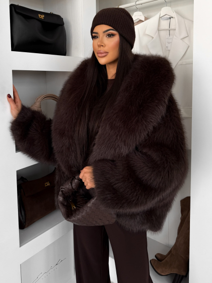 Tmavě hnědý faux fur kožešinový kabátek NOLIERO s kapucí (Veľkosť ONESIZE)