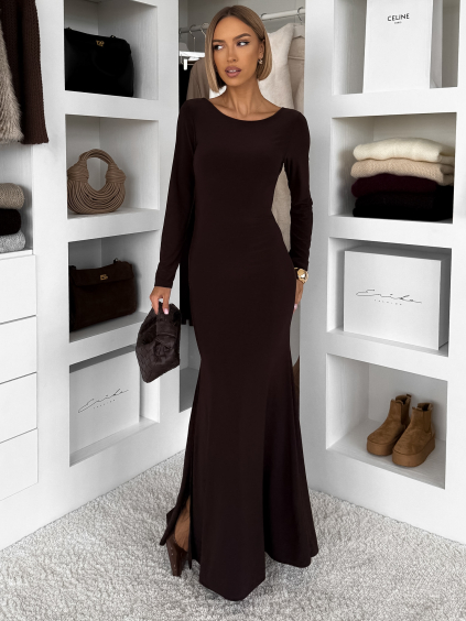 Hnědé dlouhé společenské šaty TAVOLIE s holými zády (Veľkosť ONESIZE)