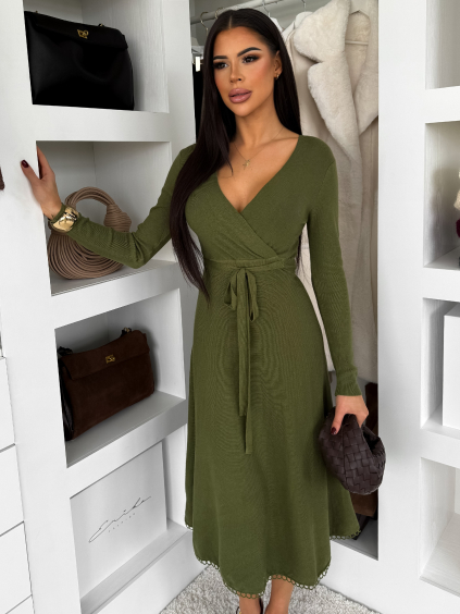 Kaki elegantné áčkové midi šaty TEYVORA s opaskom