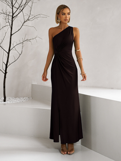 Tmavo hnedé spoločenské šaty FIAMMAR na jedno rameno
