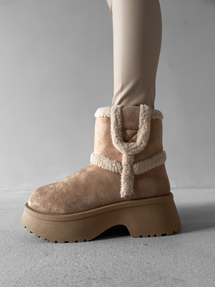 Béžové kotníkové válenky TAVIRIO s kožíškem (Veľkosť 36)