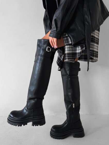 Černé vysoké koženkové kozačky MAVINE nad kolena (Veľkosť 36)