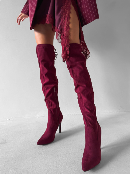 Vínové semišové nad kolená vysoké čižmy DARYANA na podpätku