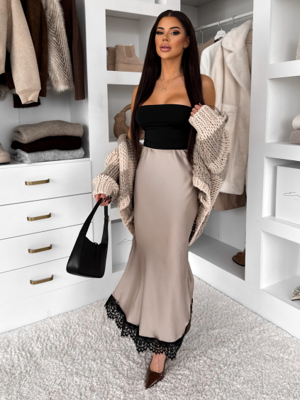 Béžová elegantná saténová midi sukňa SKAYA
