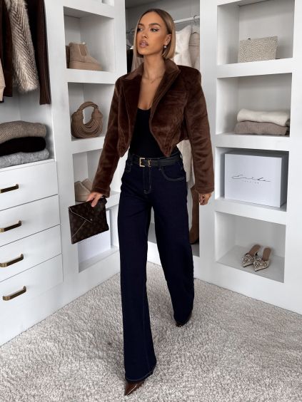 Hnědý luxusní semišový elegantní krátký kabátek DRIFER (Veľkosť L)