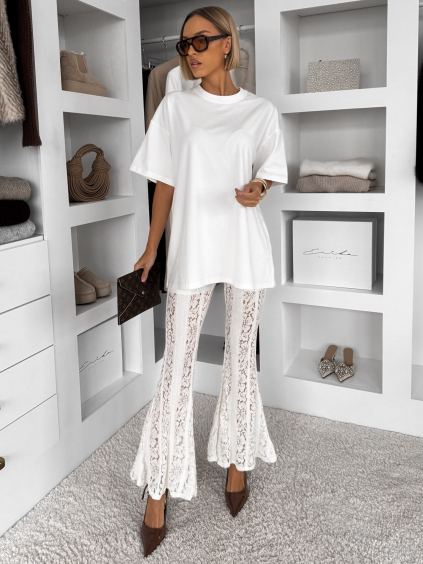 Krémové krajkové transparentní zvonové kalhoty FYNORIA (Veľkosť M/L)