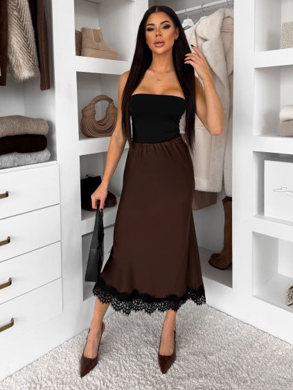 136446 tmave hneda elegantni satenova midi sukne skaya