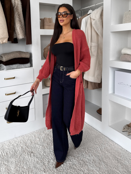 Tmavě lososový svetrový dlouhý cardigan SENTENCERO (Veľkosť ONESIZE)