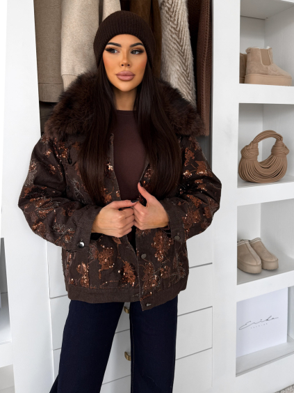 Tmavo trblietavá hnedá elegantná bunda OUTLAW s kožúškom