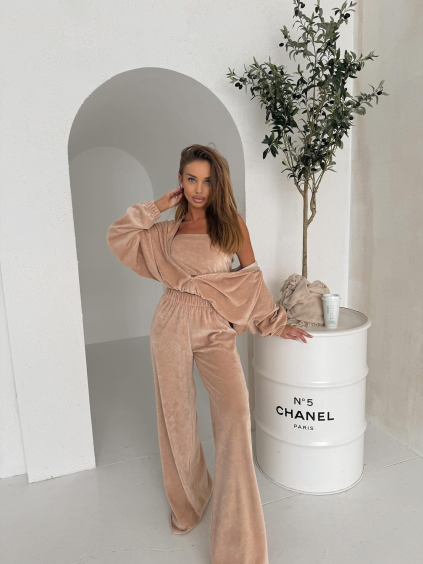 Béžová štýlová semišová tepláková súprava BEAUN s topom