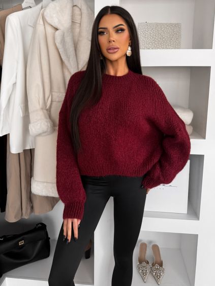Bordó oversize elegantní svetr ZARVONI s vlnou (Veľkosť ONESIZE)