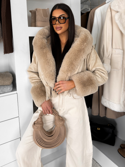 Krémová štýlová krátka bunda HEXUMI s kožúškom