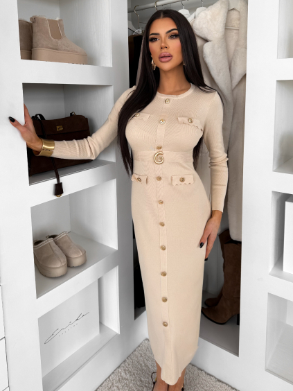 Krémové dlouhé šaty CRESTILO s dlouhým rukávem (Veľkosť M/L)