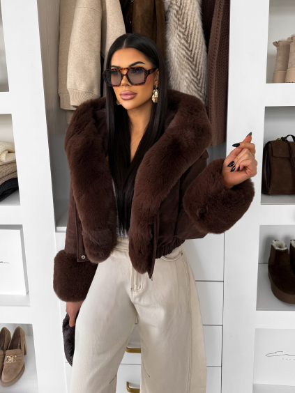 Tmavo hnedá štýlová krátka bunda HEXUMI s kožúškom